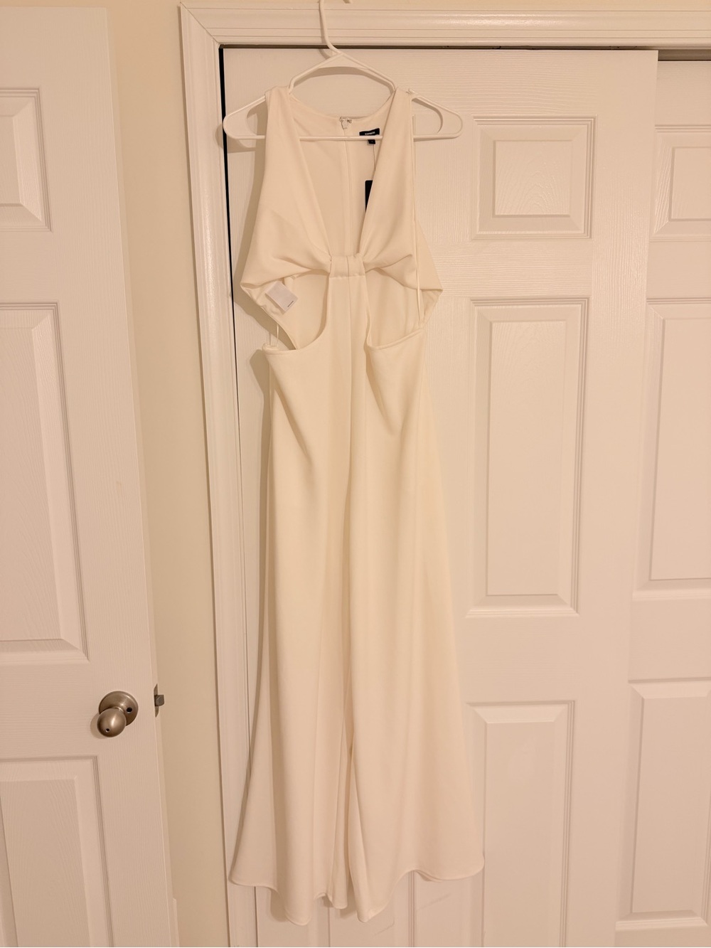 Express Cream Sleeveless Knot-Front Wide Leg Jumpsuit